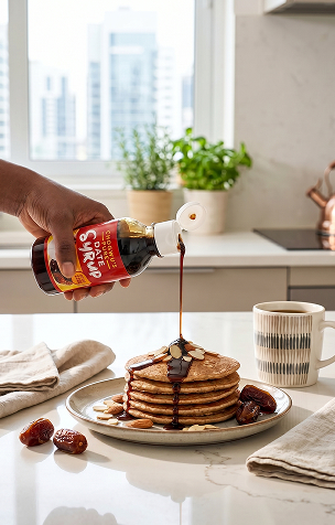 Hand pouring date syrup on pancakes
